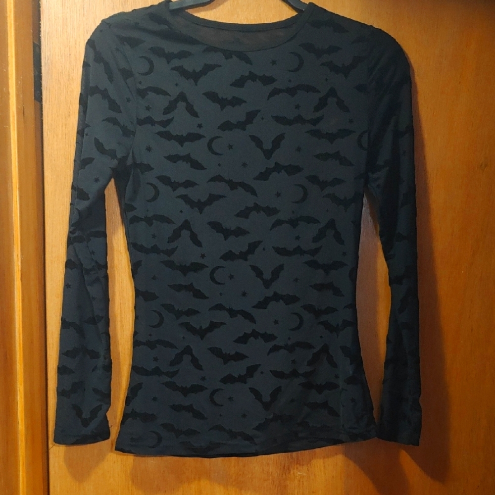 Black Bat Pattern Long Sleeve Mesh Top